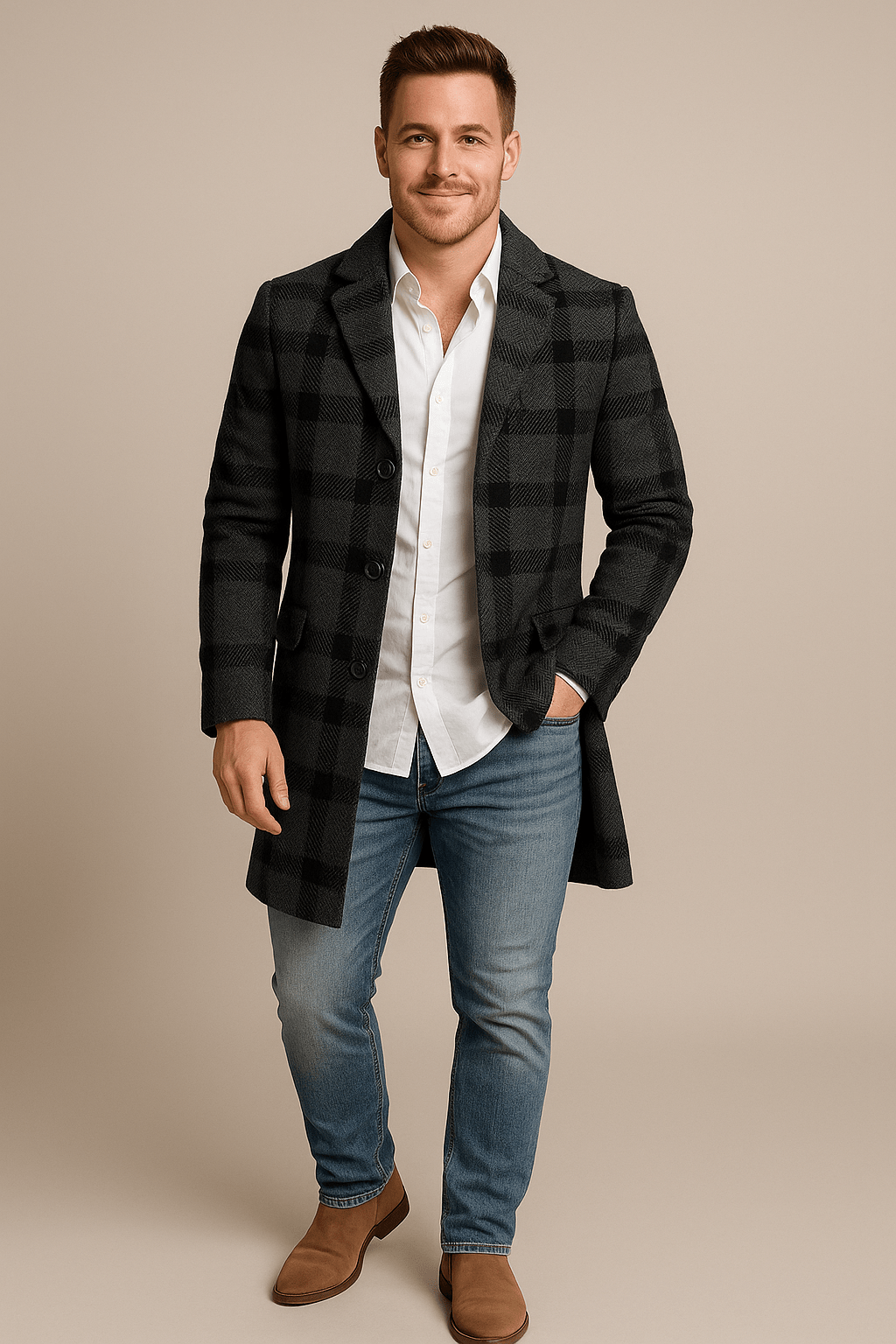 Marveille | Morten – Manteau trench à carreaux pour homme avec ceinture et coupe croisée