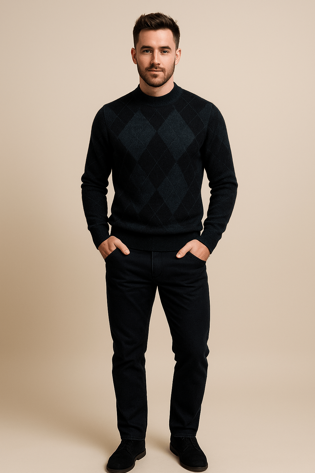 Marveille | Sindre – Pull en tricot pour homme à col rond avec motif argyle traditionnel