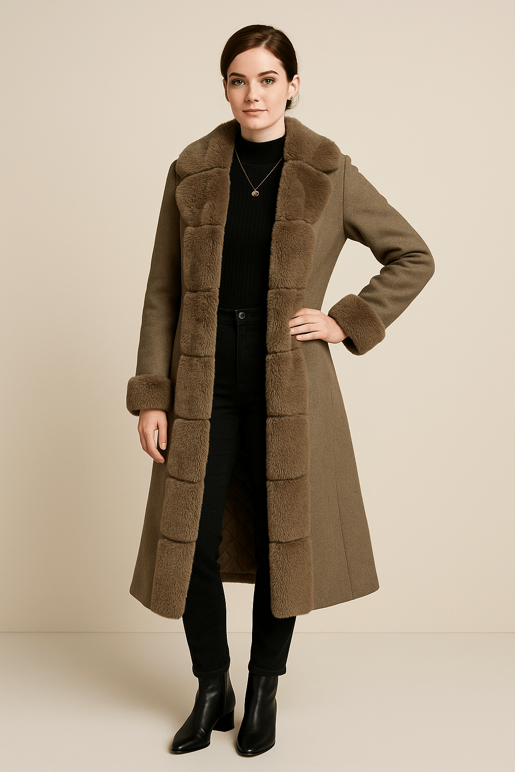Marveille | Tiril – Manteau Trench en Laine Mélangée pour Femmes avec Col en Fausse Fourrure