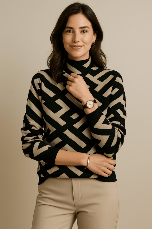 Marveille | Mae – Pull en maille géométrique pour femmes à manches longues – Noir et Beige