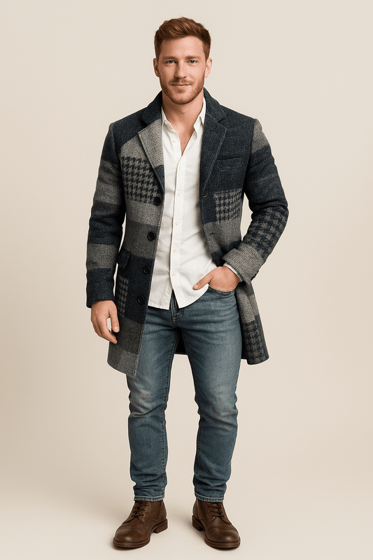 Marveille | Morten – Manteau trench à carreaux pour homme avec ceinture et coupe croisée